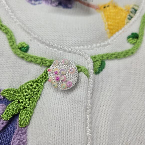 Quacker Factory Cardigan Sweater sz L White Multi Hummingbird Flowers Sequins - Picture 8 of 16